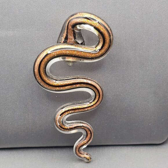 Glass Snake Pendant 2.5x1.25" Black w/ Gold Sparkle Sculptural Bail Mythology - Picture 6 of 7